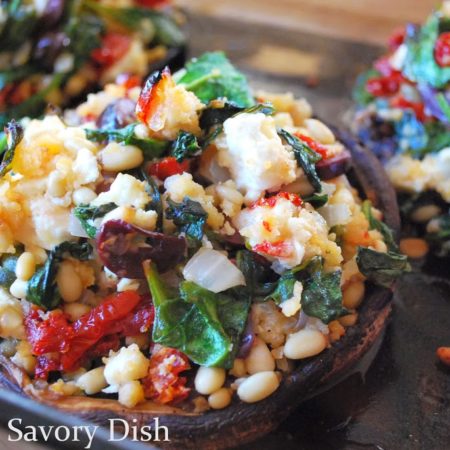 Mediterranean stuffed portabello mushrooms are an easy healthy side dish or meatless main dish. Plump portabello mushrooms are stuffed with sun dried tomatoes, Kalamata olives, feta cheese, and more!