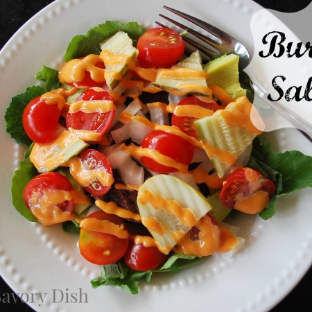 This burger salad has all of the flavors of a traditional hamburger, without the bun.