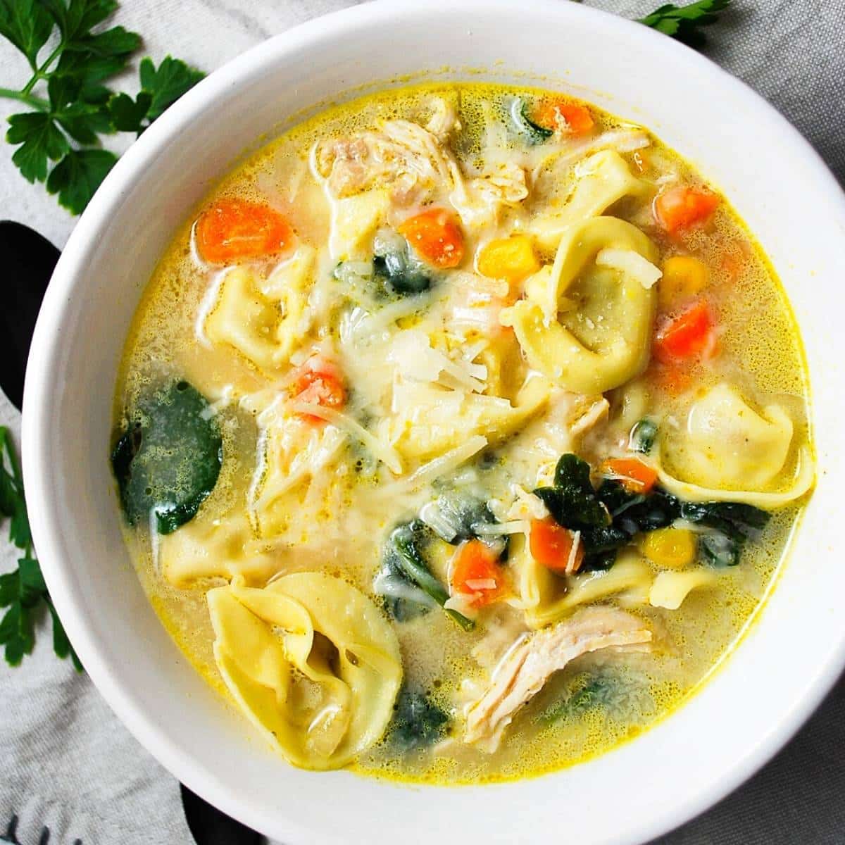 close up of a bowl of instant pot tortellini soup with shredded chicken and veggies