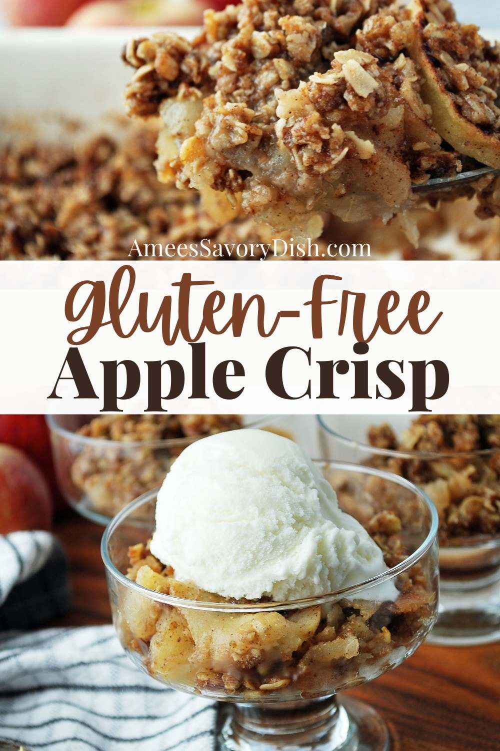 Gluten-Free Apple Crisp -sweet and spiced baked apples topped with a perfectly crisped oat and flour crisp topping, just as delicious as the original. This healthy apple crisp is the best variation of a classic fall favorite! via @Ameessavorydish