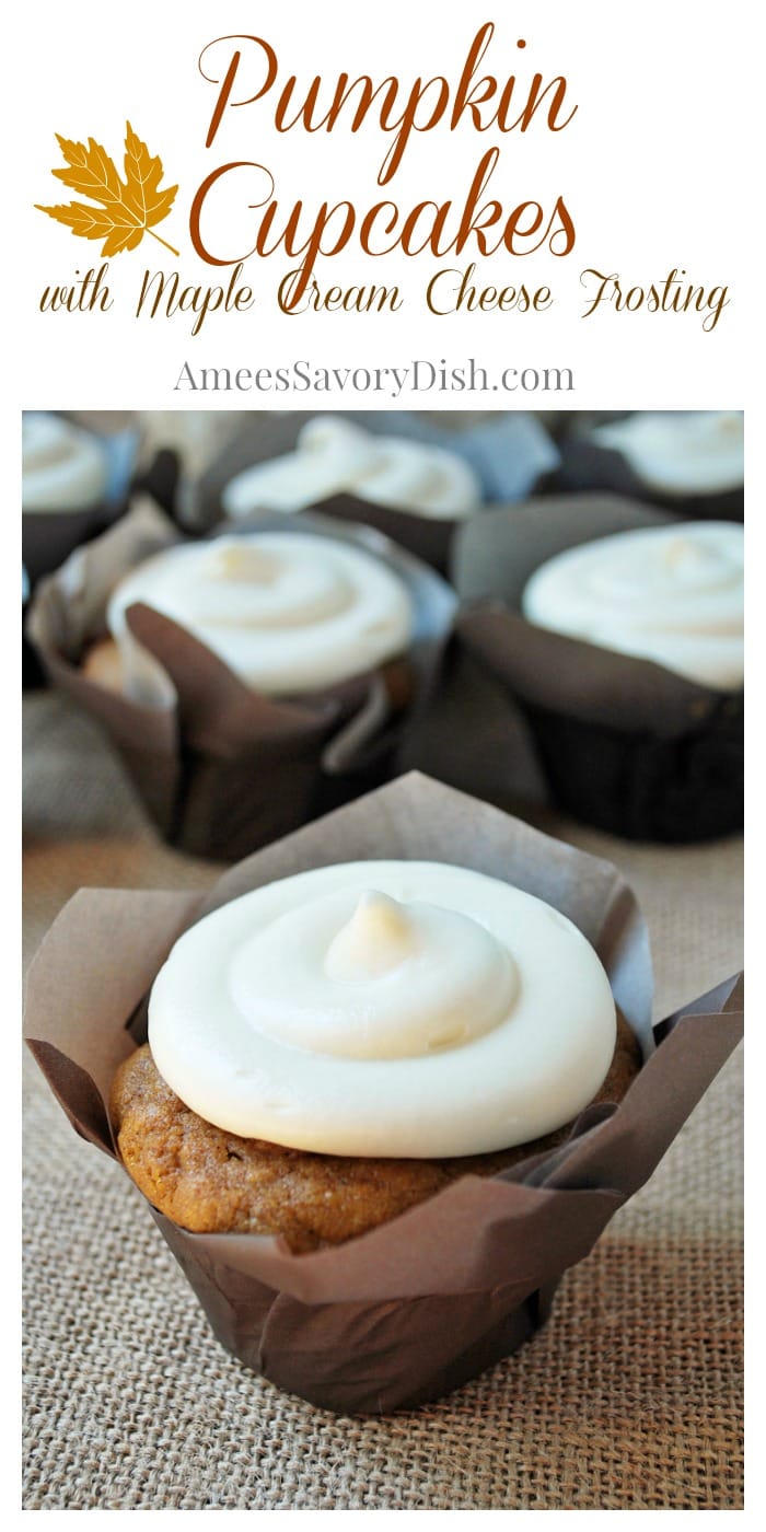 Moist and delicious pumpkin cupcakes with maple cream cheese frosting #pumpkincupcakes #pumpkindessert #creamcheesefrosting #falldesserts #pumpkinspice via @Ameessavorydish