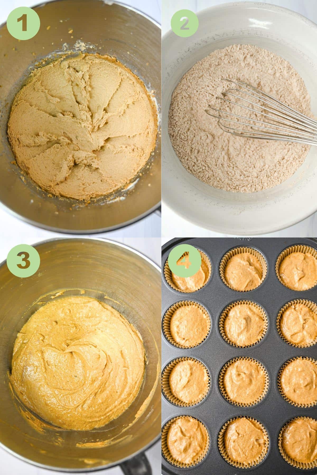 collage photo of steps to make pumpkin cupcake batter