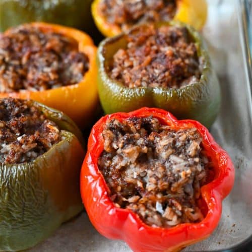 zoomed in photo on a red beef and rice stuffed pepper