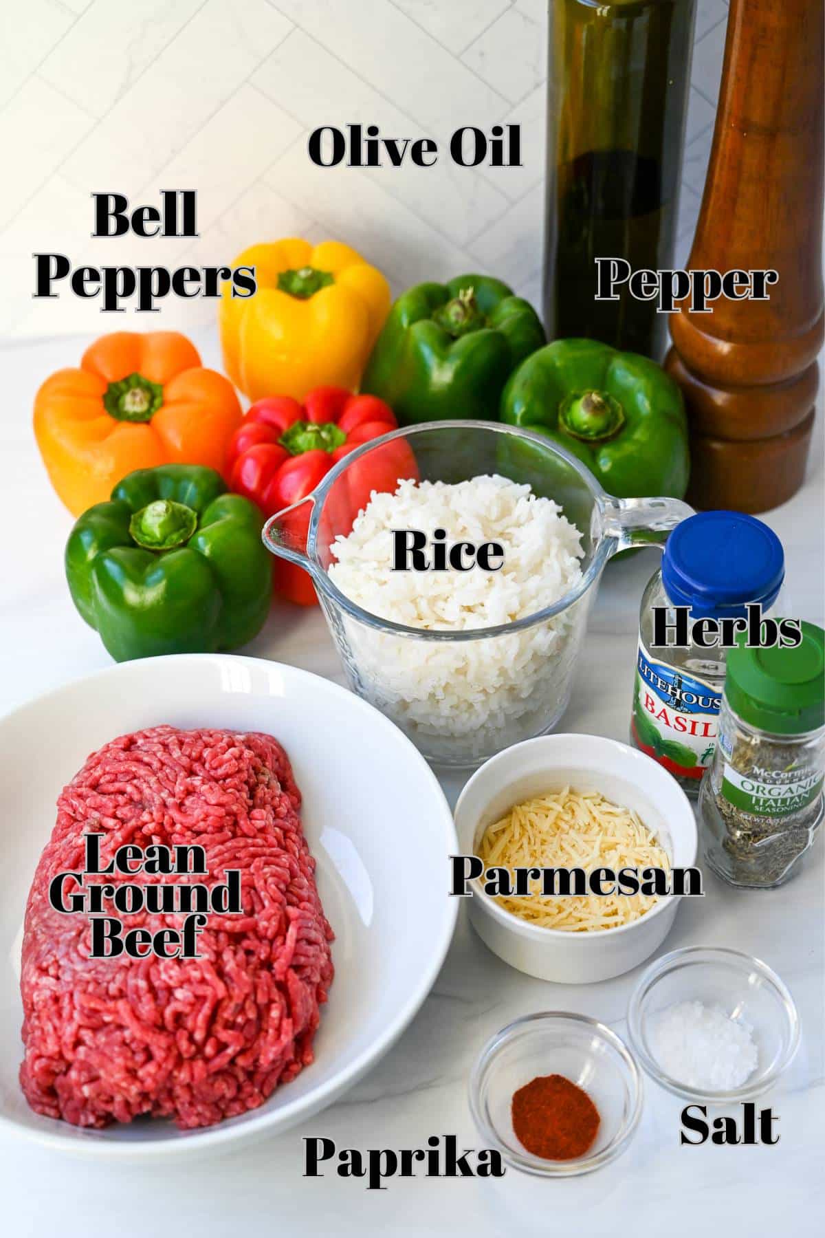 Stuffed pepper ingredients measured out on a counter