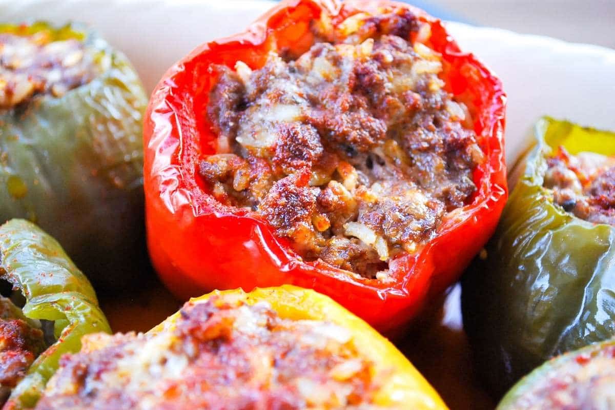 a red pepper stuffed with filling and baked in a baking dish