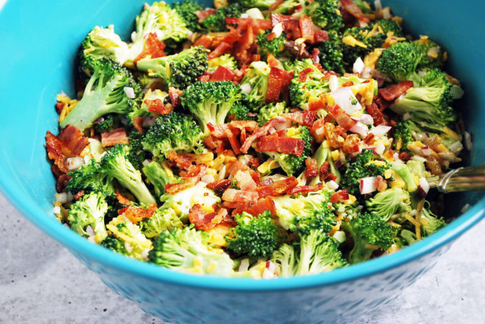 Easy broccoli salad recipe ready to chill before serving