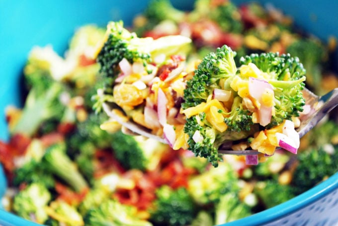 Spoonful of broccoli salad ready to eat