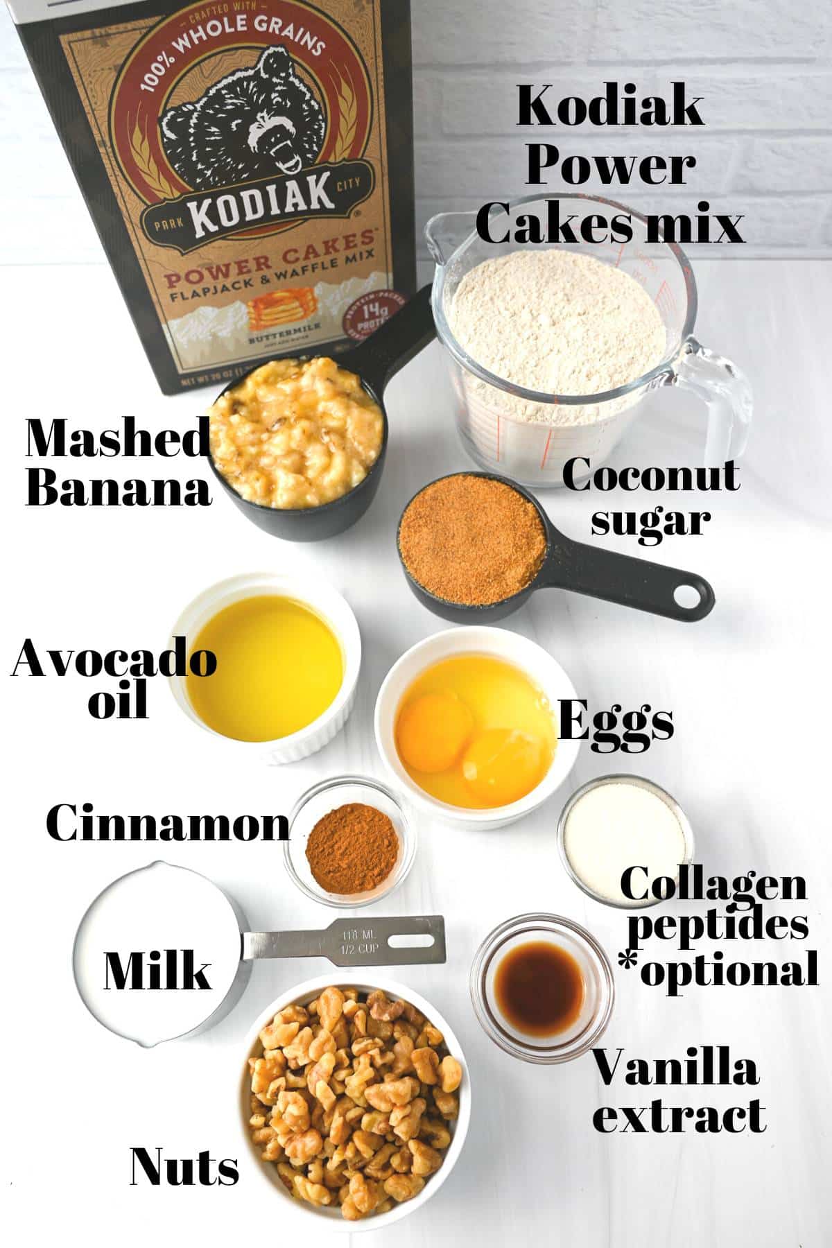 ingredients measured out for protein banana bread on a counter 