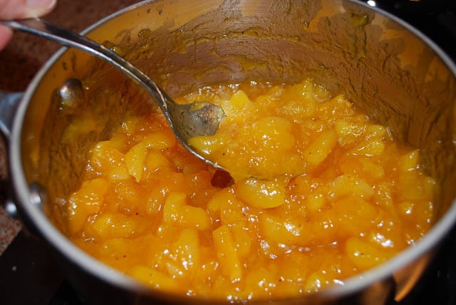 Homemade apricot tart filling in a saucepan