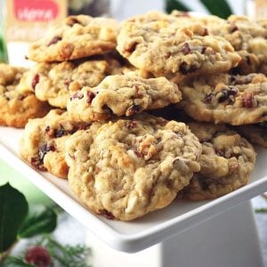 close up photo of platter of white chocolate cranberry oatmeal cookies