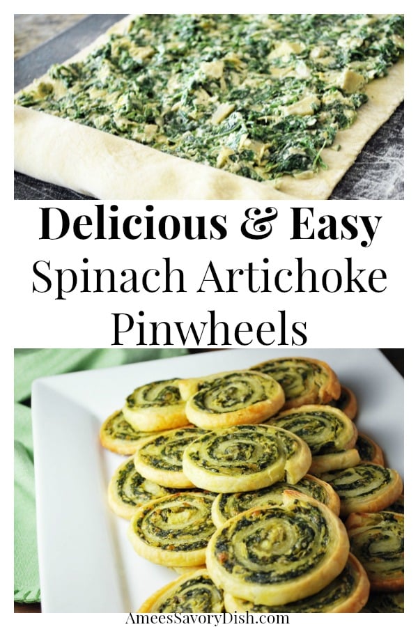 These Spinach and Artichoke Pinwheel Appetizers are a delicious combination of puff pastry dough, spinach, marinated artichokes, and Parmesan cheese. via @Ameessavorydish