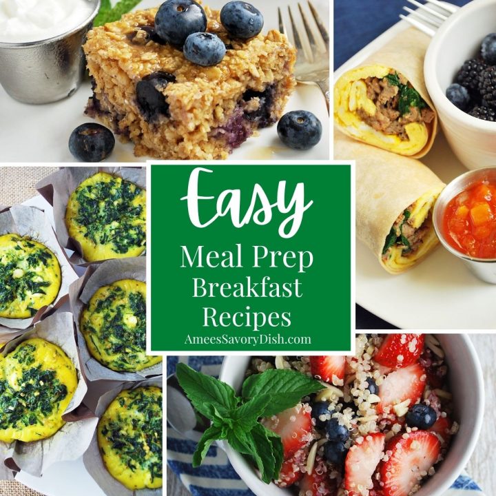 collage photo of breakfast recipes including baked oats, breakfast burritos, egg muffins, and a quinoa bowl