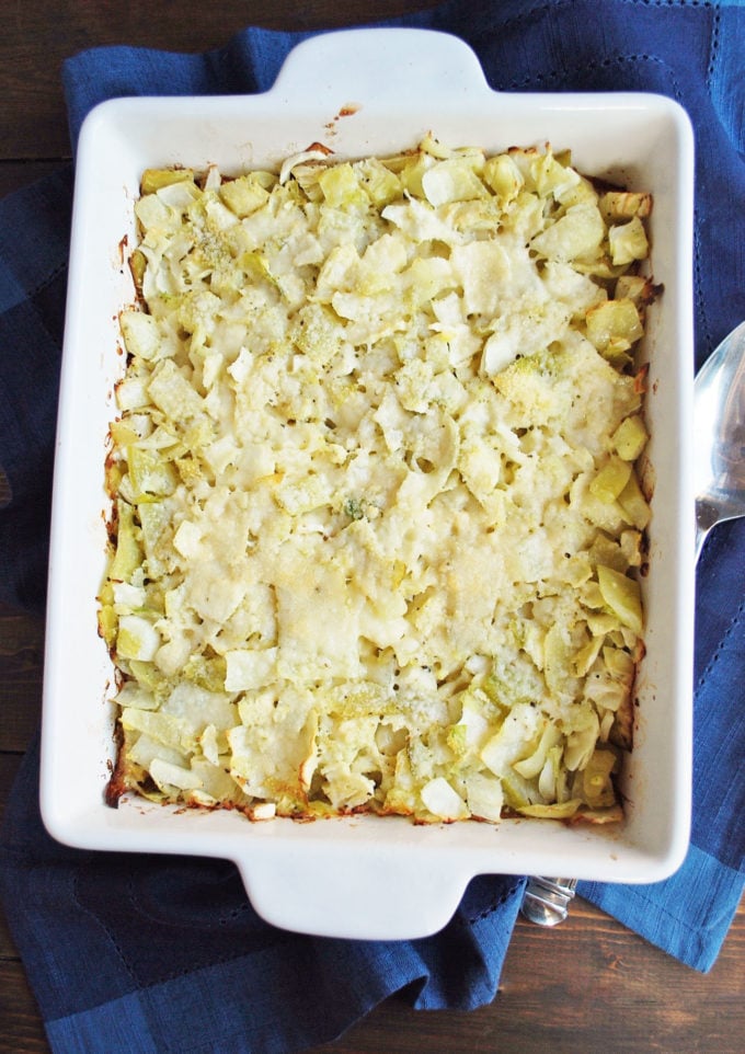 overhead view of Cabbage Casserole with napkin underneath