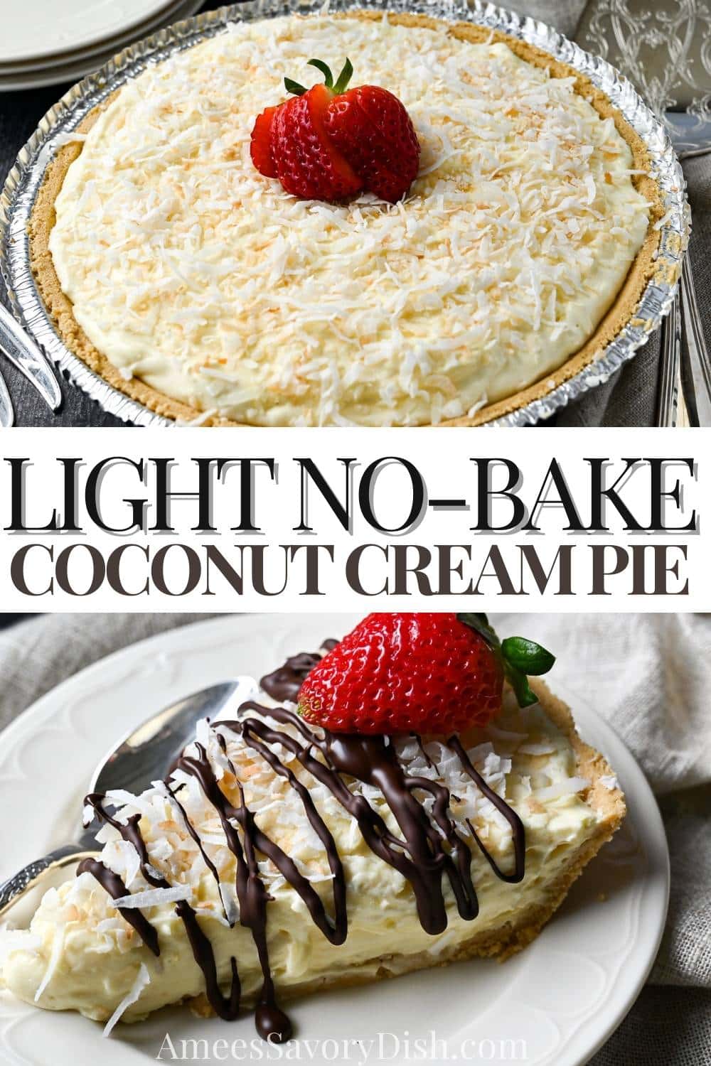 Light Coconut Cream Pie made with a graham cracker crust, whipped topping, sugar-free vanilla pudding, cream cheese, and toasted coconut. via @Ameessavorydish