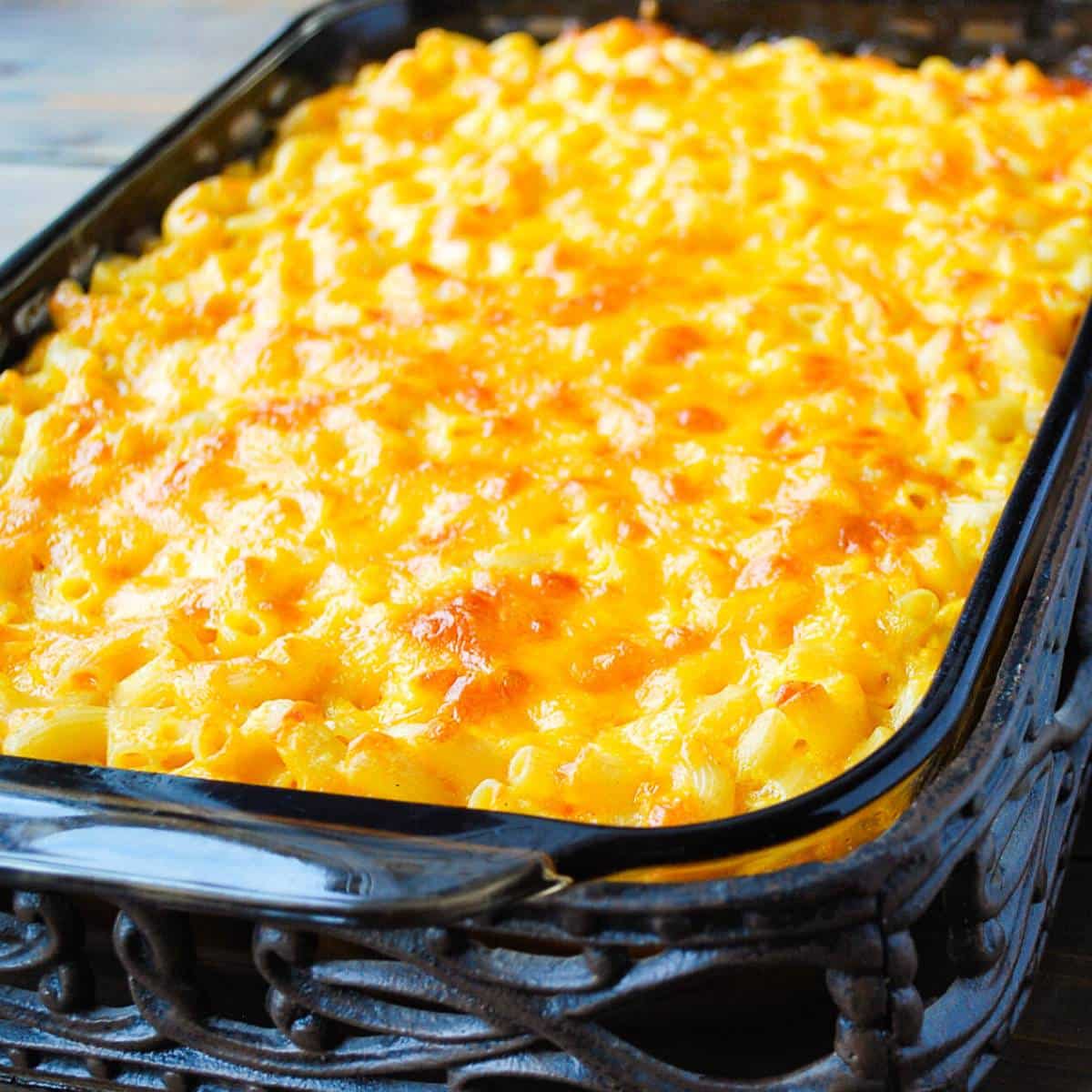 close up of a pan of baked mac and cheese