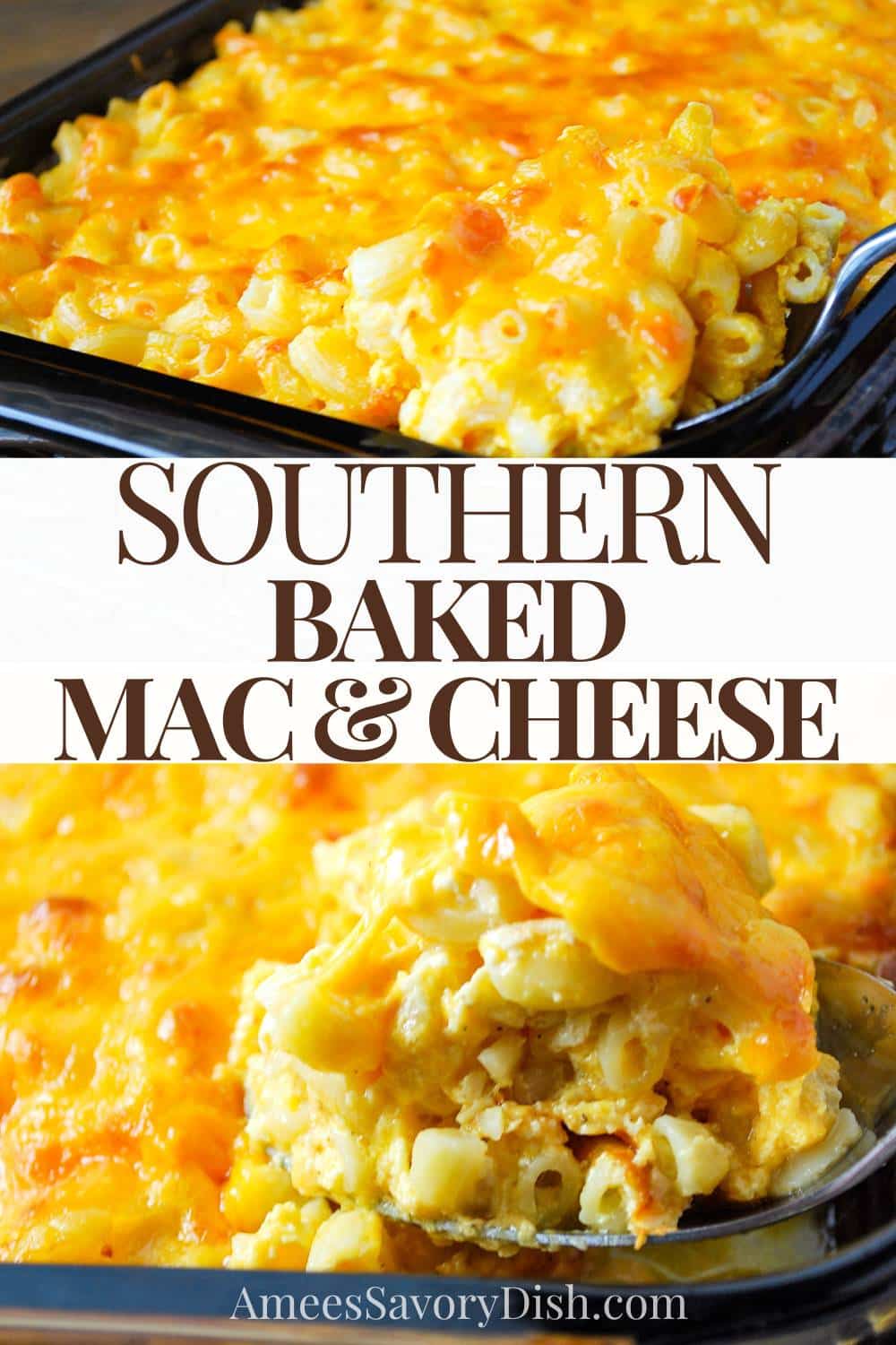 A deliciously rich & creamy baked mac & cheese recipe made with eggs, milk, sour cream, and double the cheddar. Lightened-up option included. via @Ameessavorydish