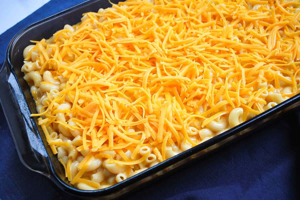 macaroni and cheese in a baking dish ready to bake