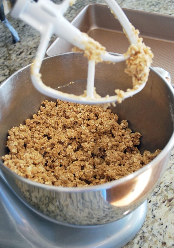 Date bar topping in a stand mixer bowl