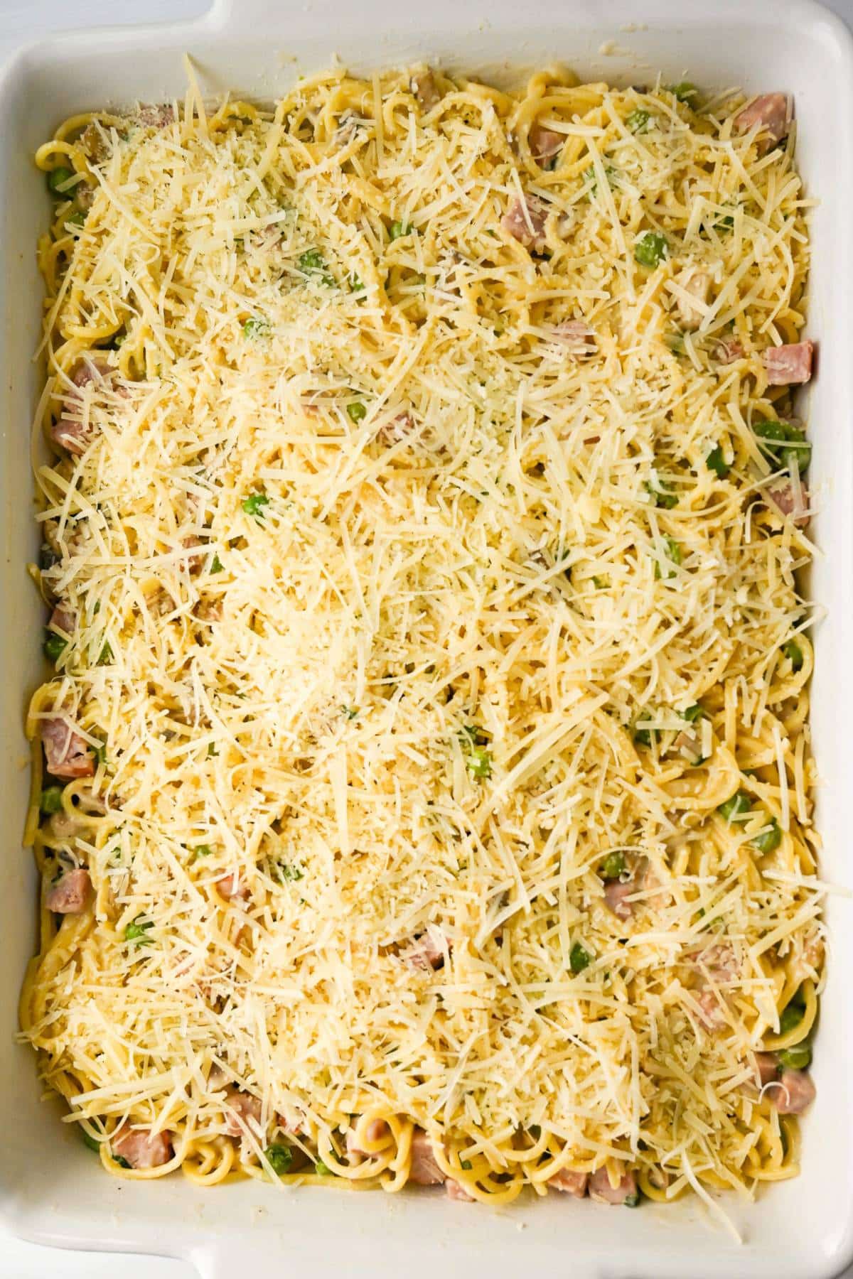 ham casserole with parmesan cheese sprinkled on top ready to bake