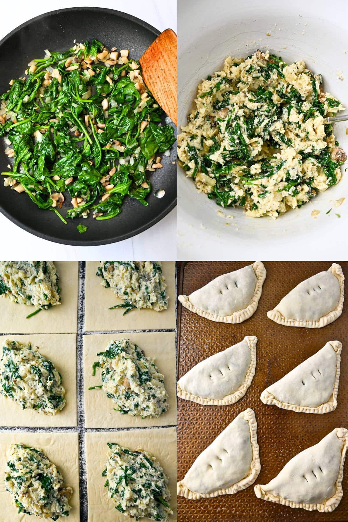 a skillet of sauted spinach and mushrooms, cheese and spinach mixture in a bowl, in the dough and pressed into calzones