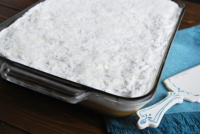 Icebox Coconut Cake in a glass baking dish