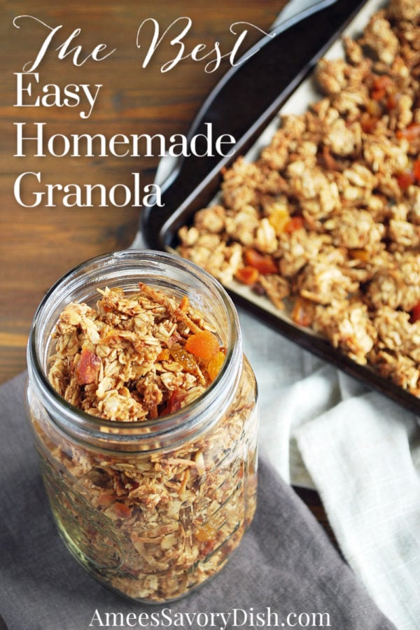 This homemade Vanilla Almond Granola is quick, easy, and delicious. Vanilla-flavored oats, almonds, coconut, apricots, and raisins baked into the perfect sweet and crunchy snack. Gluten-free option included. via @Ameessavorydish