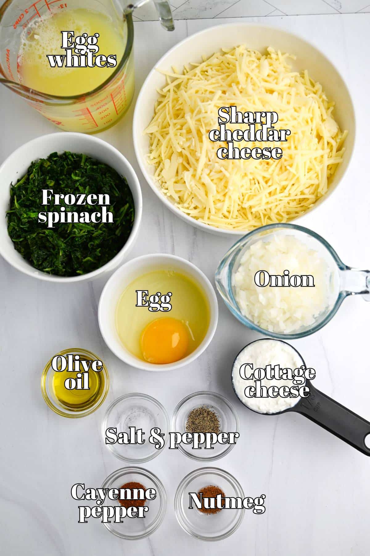 ingredients for cottage cheese quiche measured out on a counter