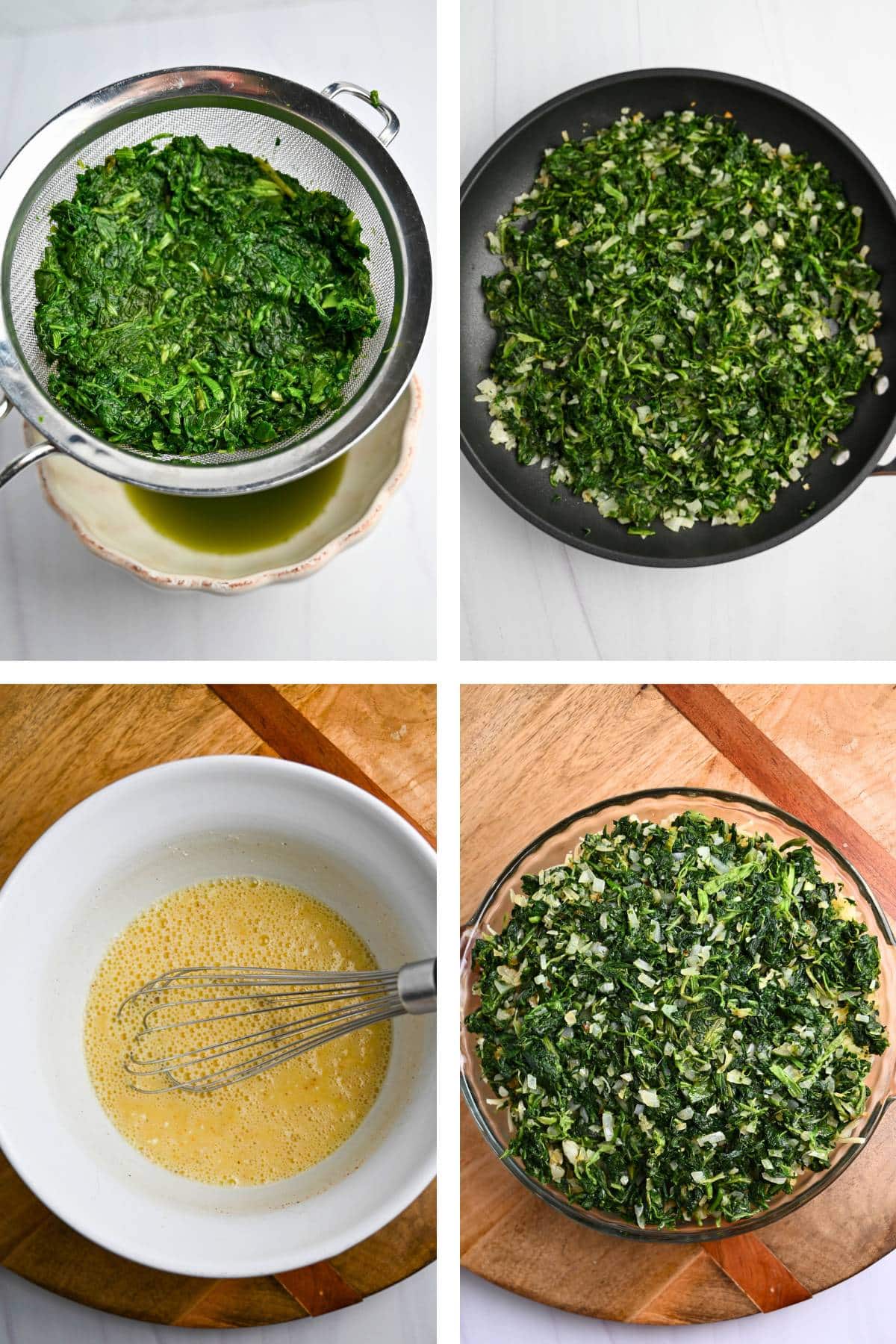 collage of steps to make spinach cottage cheese quiche