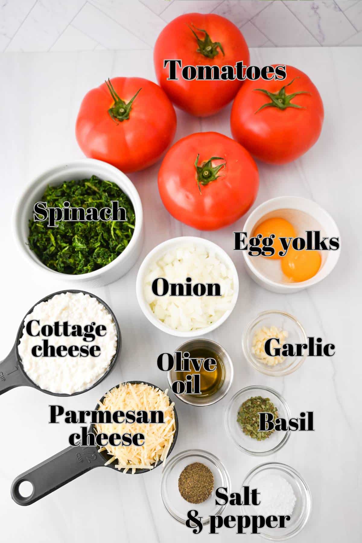 ingredients for stuffed tomatoes measured out on a counter