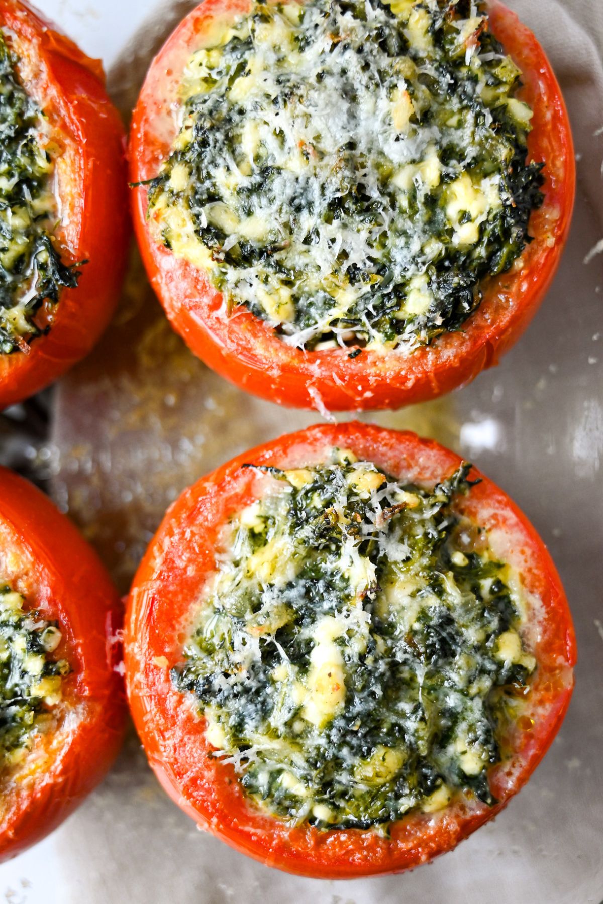 spinach and cottage cheese stuffed tomatoes with melted parmesan on top fresh from the oven in a baking dish