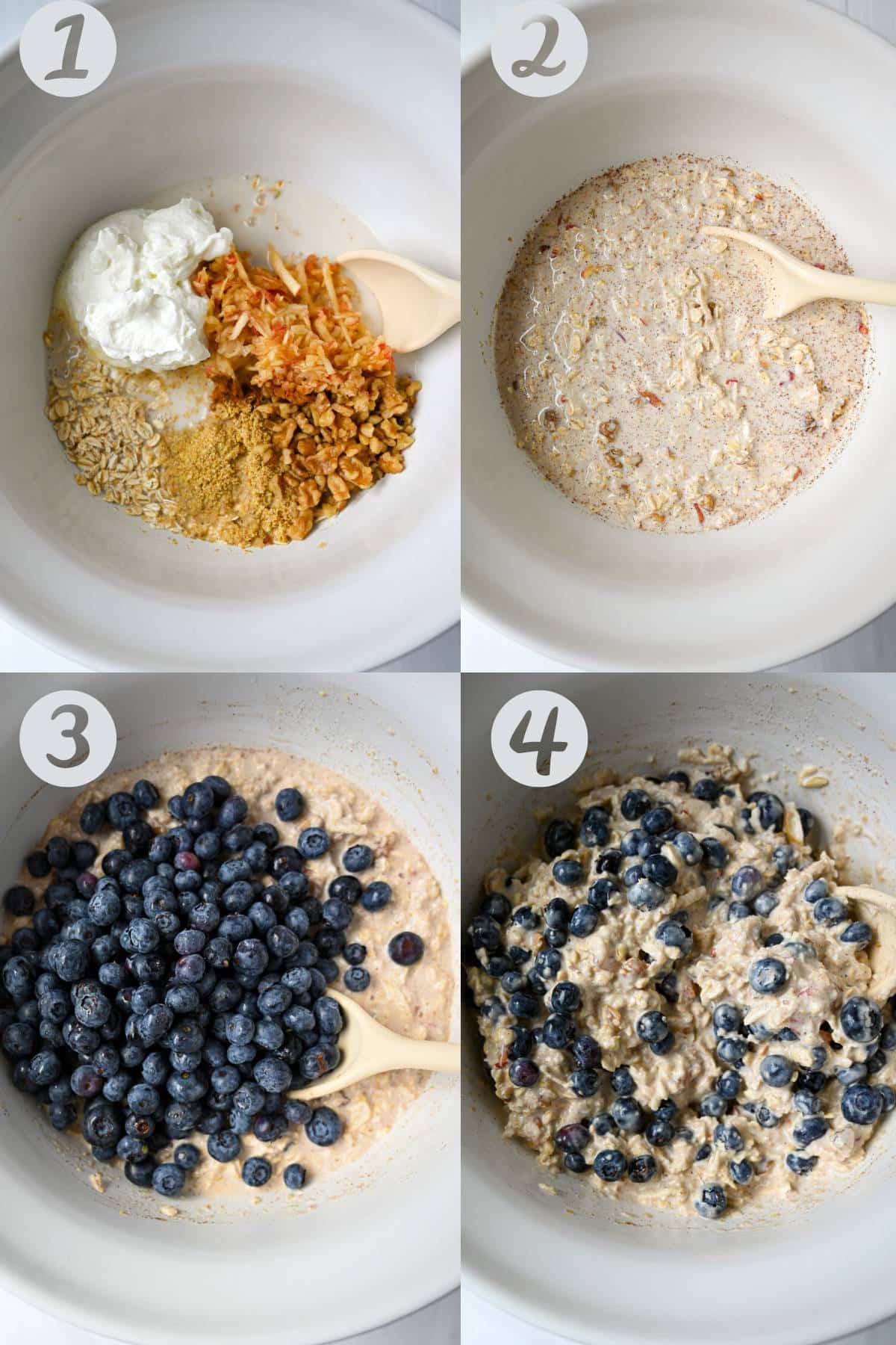 4 step photos for mixing bircher muesli ingredients in a bowl