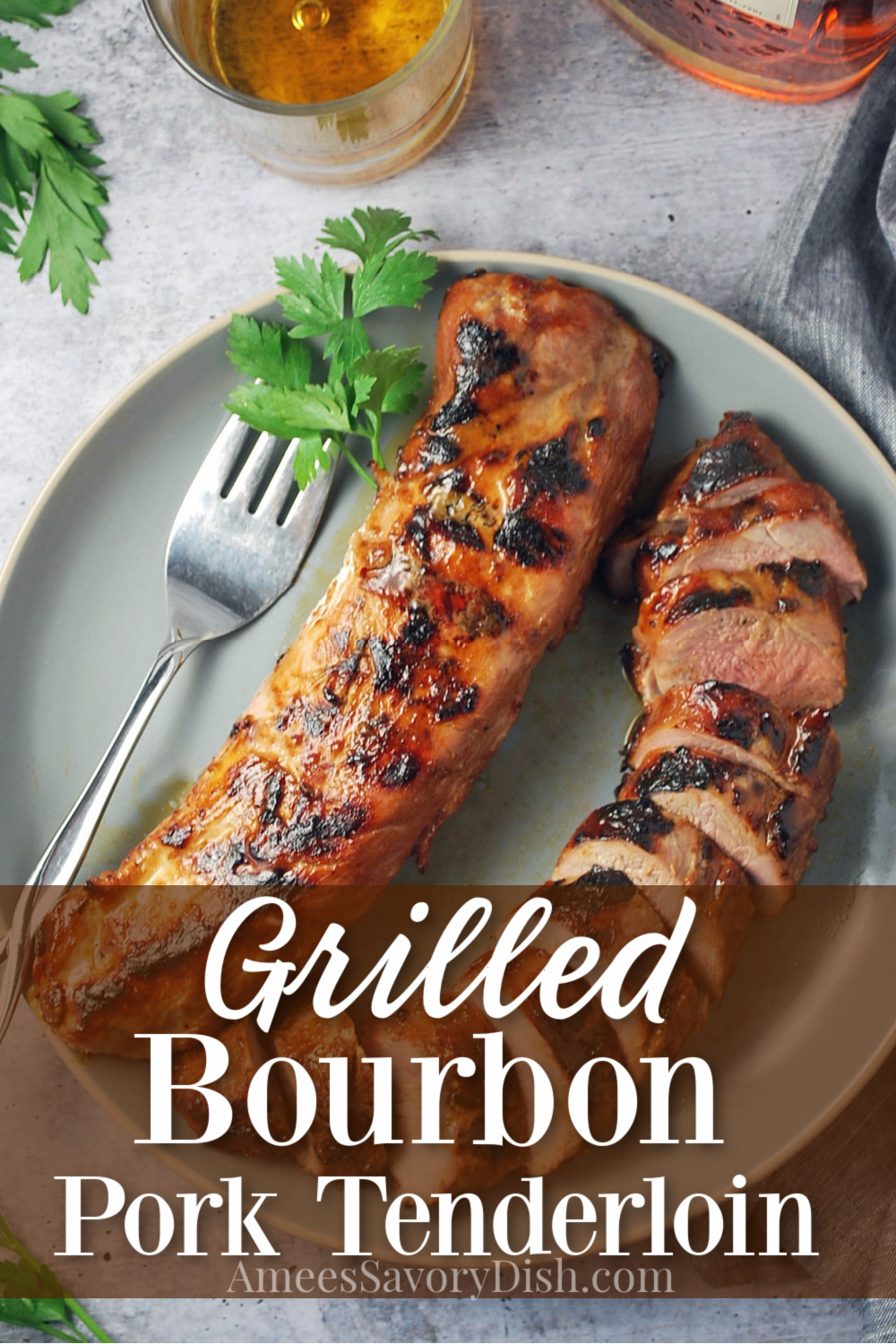 This grilled bourbon pork tenderloin is flavorful and easy made with Kentucky bourbon, soy sauce, brown sugar, garlic, dijon mustard, and spices.   This easy grill recipe is packed with protein and perfect for meal prep! #porktenderloin #grilledporktenderloin #bourbonpork #porkrecipe via @Ameessavorydish