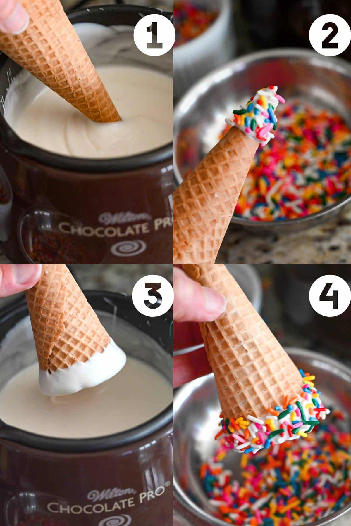 showing the steps of dipping a sugar ice cream cone in candy melts and adding sprinkles