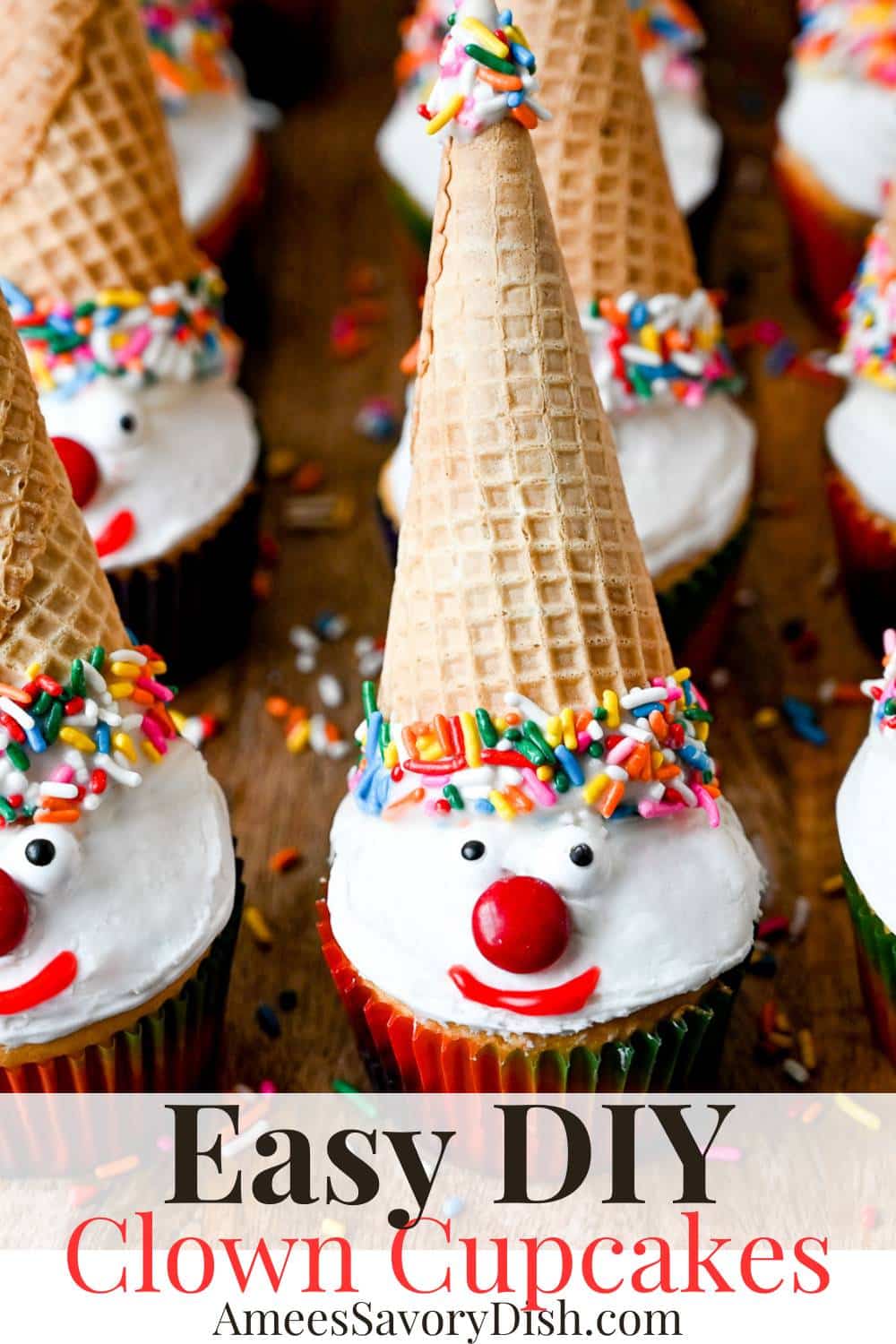 A simple recipe for making carnival clown cupcakes using ice cream cones, M&M's, colored frosting, candy melts, and sprinkles. via @Ameessavorydish
