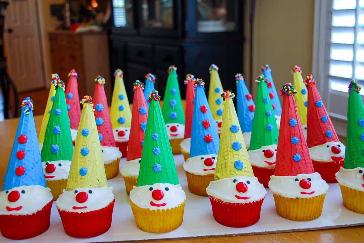 clown cupcakes with colored ice cream cones on top