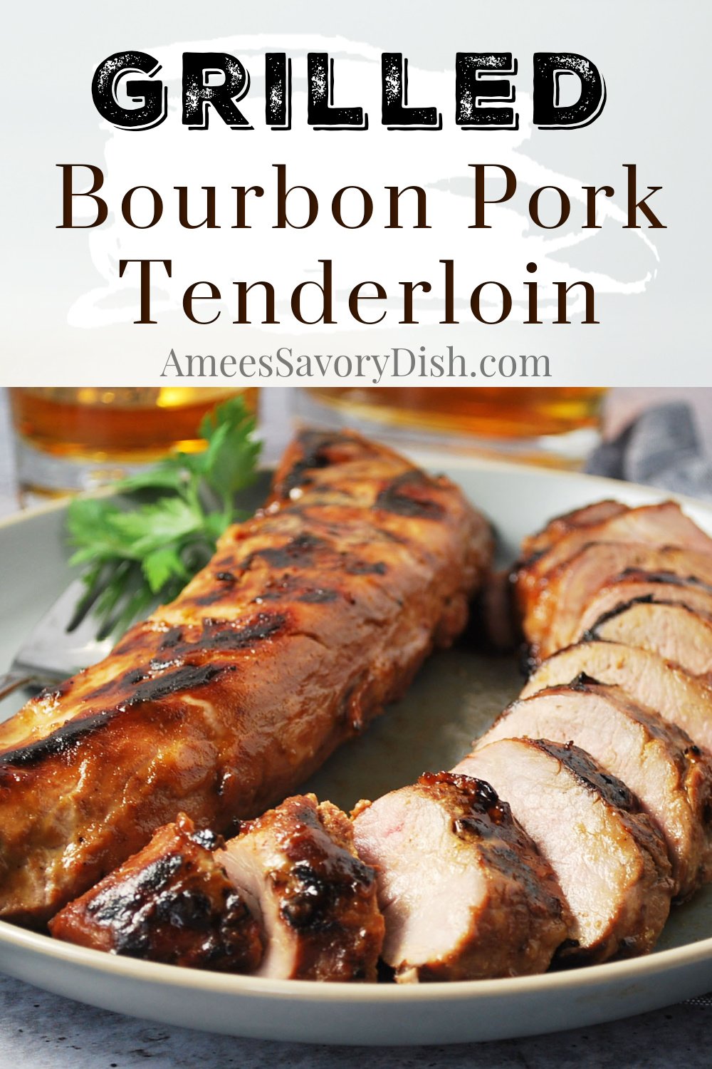 This grilled bourbon pork tenderloin is flavorful and easy made with Kentucky bourbon, soy sauce, brown sugar, garlic, dijon mustard, and spices.   This easy grill recipe is packed with protein and perfect for meal prep! #porktenderloin #grilledporktenderloin #bourbonpork #porkrecipe via @Ameessavorydish