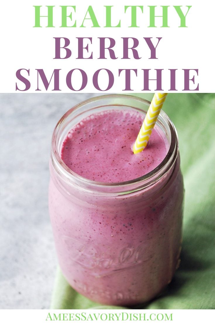 close up photo of berry smoothie in a glass with font description for Pinterest 