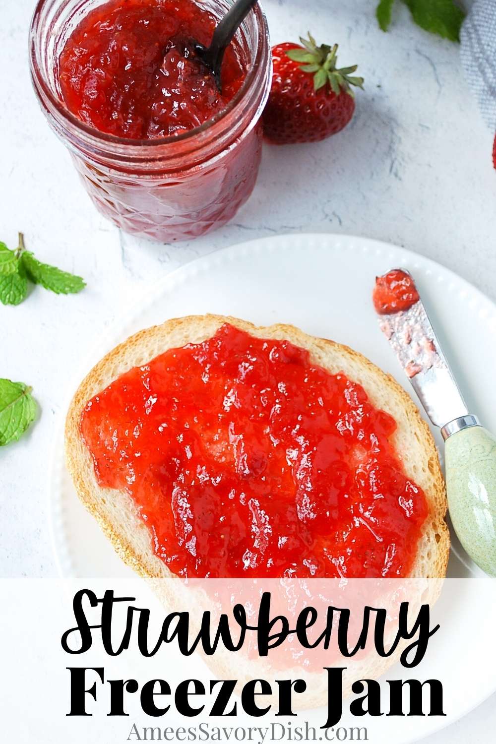 This Strawberry Freezer Jam low sugar recipe will show you how quick and easy it is to make a delicious reduced sugar homemade strawberry jam with no canning. via @Ameessavorydish
