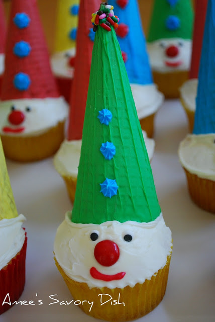 A close up of a clown cupcake made with sugar ice cream cones