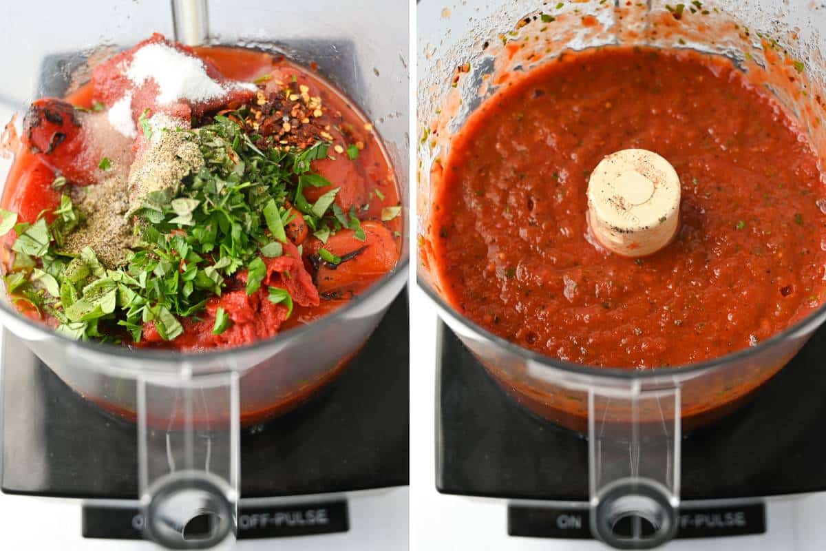 side by side photo of marinara ingredients in a food processor and ingredients processed until blended