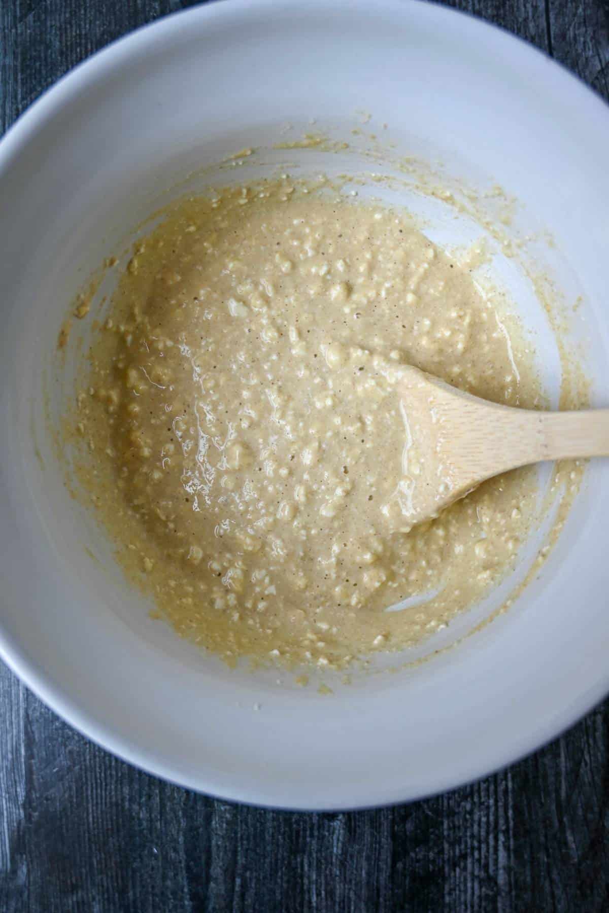 mixed gf cottage cheese pancake batter in a bowl