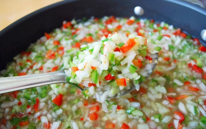 A spoonful of cucumber relish in a skillet