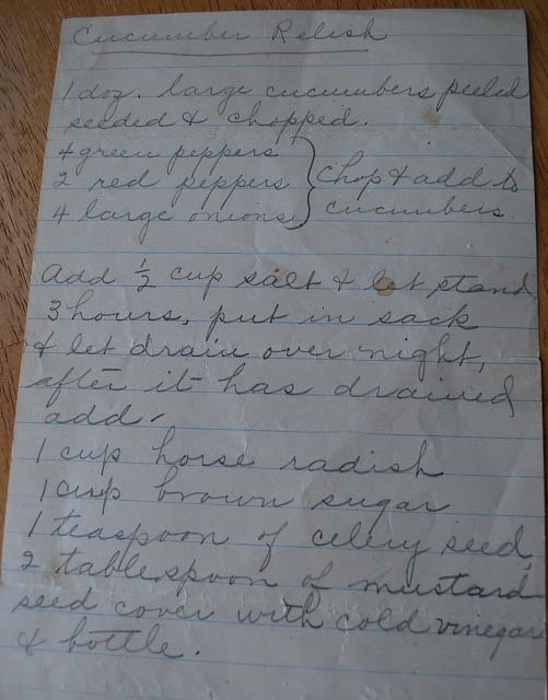 My grandmother\'s cucumber relish recipe on a piece of notebook paper