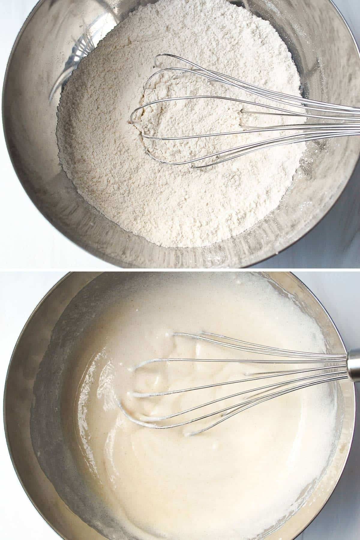 a collage of cobbler batter being mixed