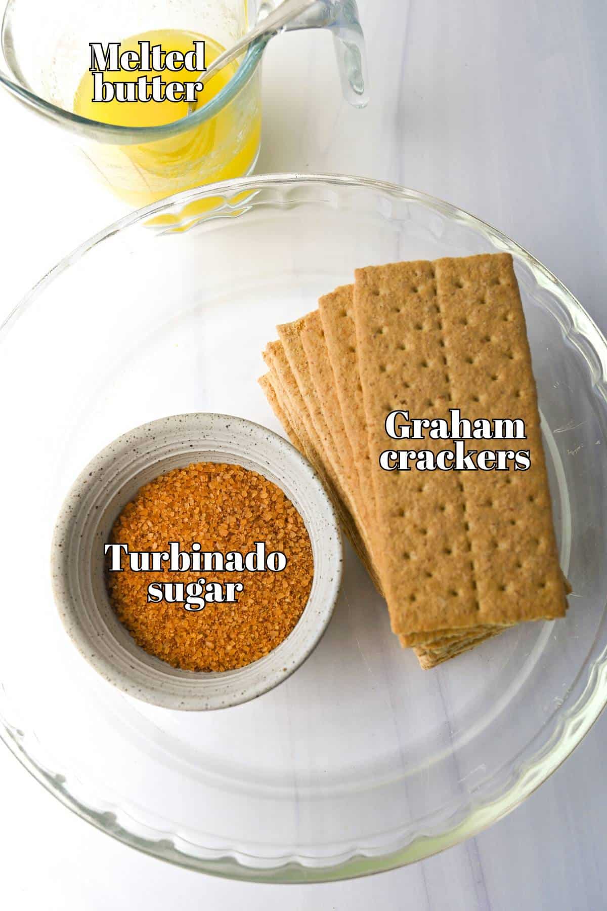 ingredients for graham cracker pie crust measured out on a counter