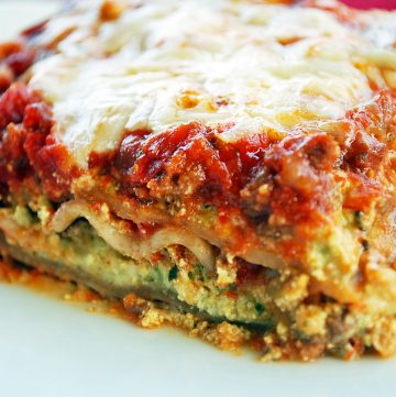 close up of a single slice of lasagna