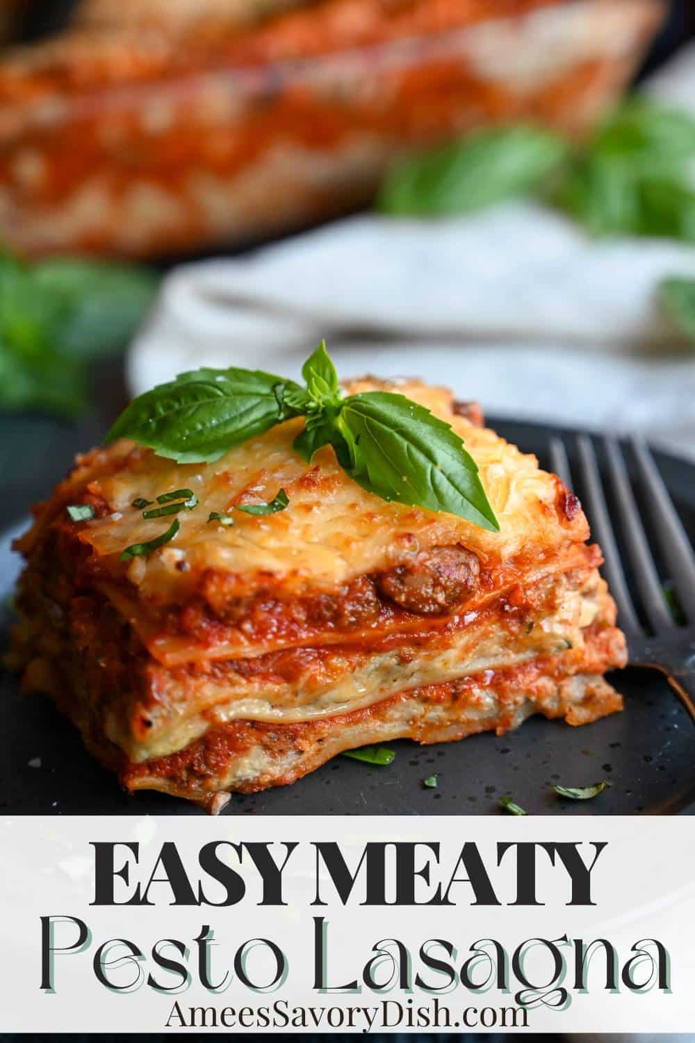 This Pesto Lasagna showcases traditional layers, including meat sauce, and Italian cheeses, with a bonus layer with classic basil pesto. via @Ameessavorydish