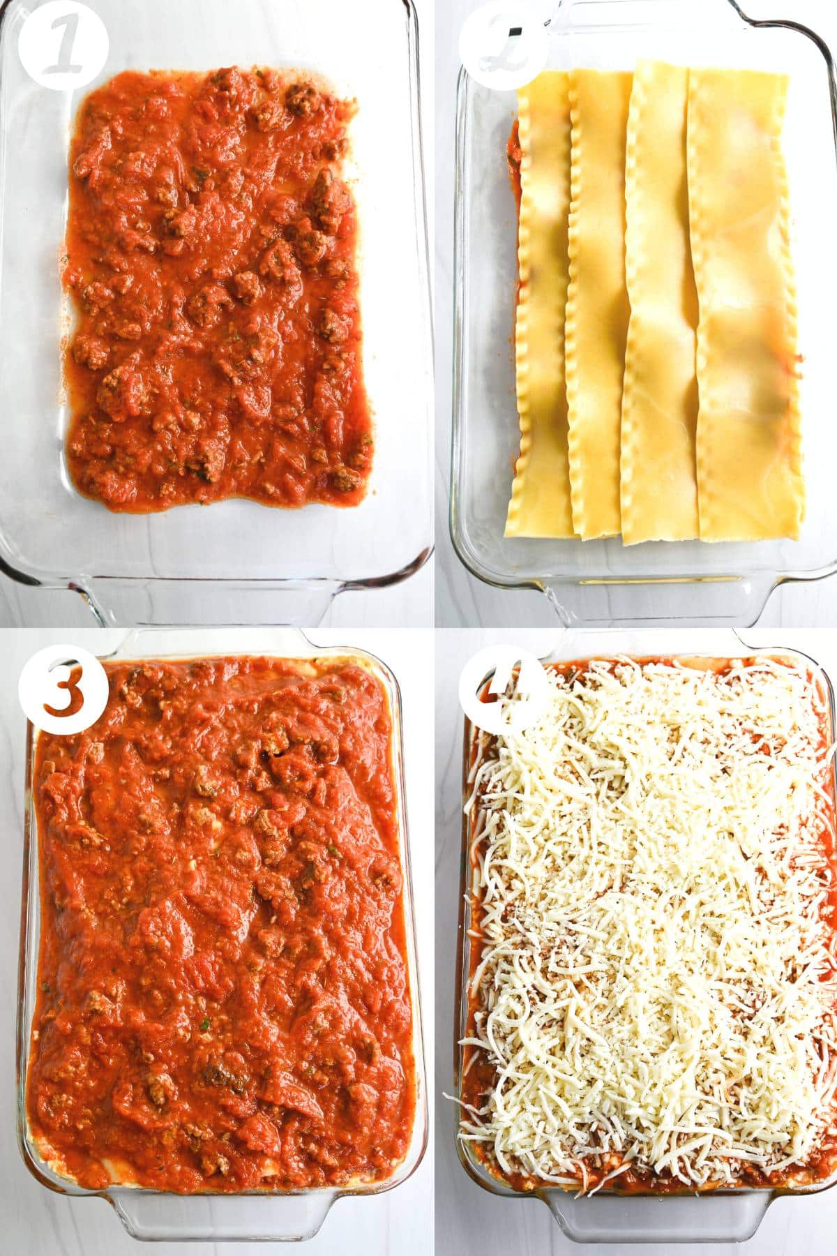 four steps to assembling lasagna: sauce on bottom, noodles on top, layered, and cheeses on top