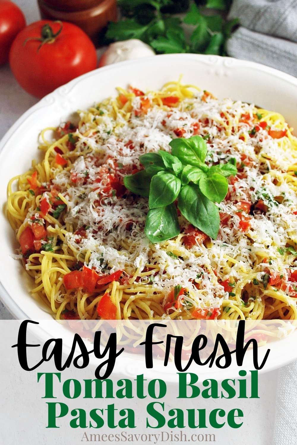 This delicious fresh tomato basil pasta sauce uses fresh garden tomatoes, olive oil, lemon zest, and herbs for a light summer pasta dish. via @Ameessavorydish