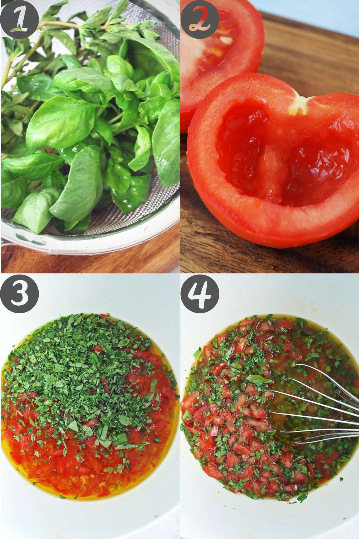 steps for making tomato basil pasta sauce: rinsing the herbs, seeding the tomato, all ingredients in a bowl, and ingredients whisked together